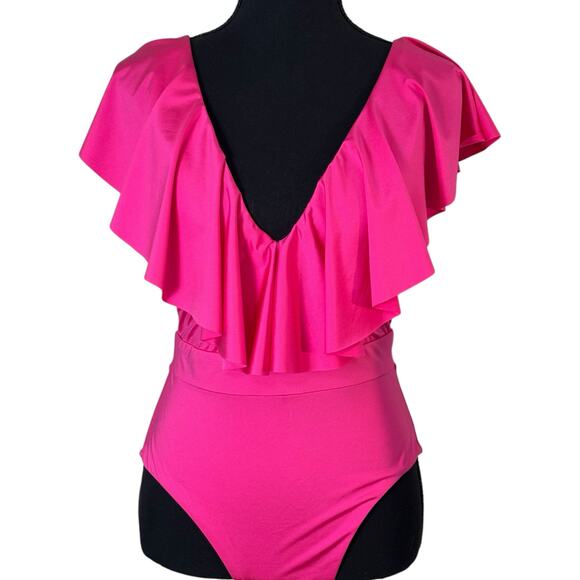 Trina Turk Monaco Ruffle One-Piece Swimsuit in Geranium Plunge Neck Open Back - Picture 1 of 16